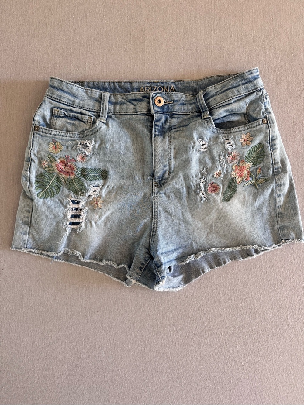 Arizona Jean Company Vintage High Waisted Denim Shorts with Floral Embroidery